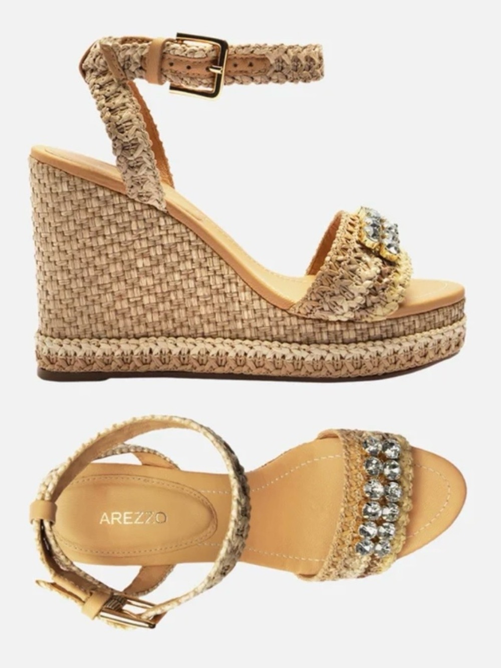 Braided Tan Wedge Sandals with Crystal Strap - Picture 12 of 12